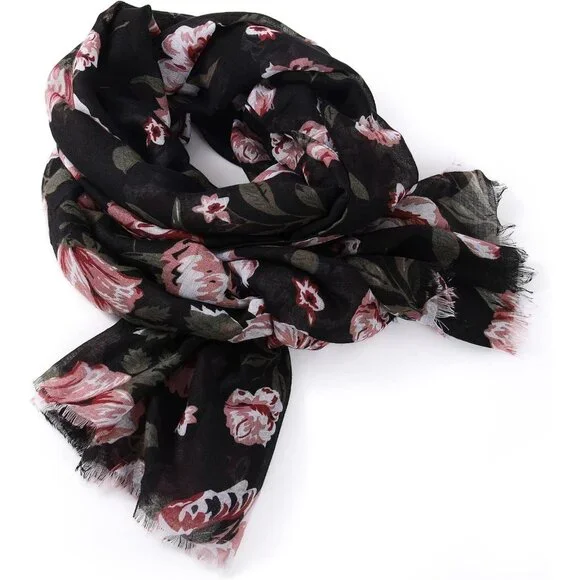 Women Black Fashion Flowers Print Scarves Winter Head Shawl Cotton Wrap - Picture 9 of 9